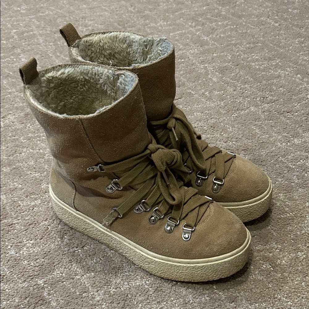 JSlides Women’s Faux-Suede Shearling Lined Lace-Up Boots — Tan